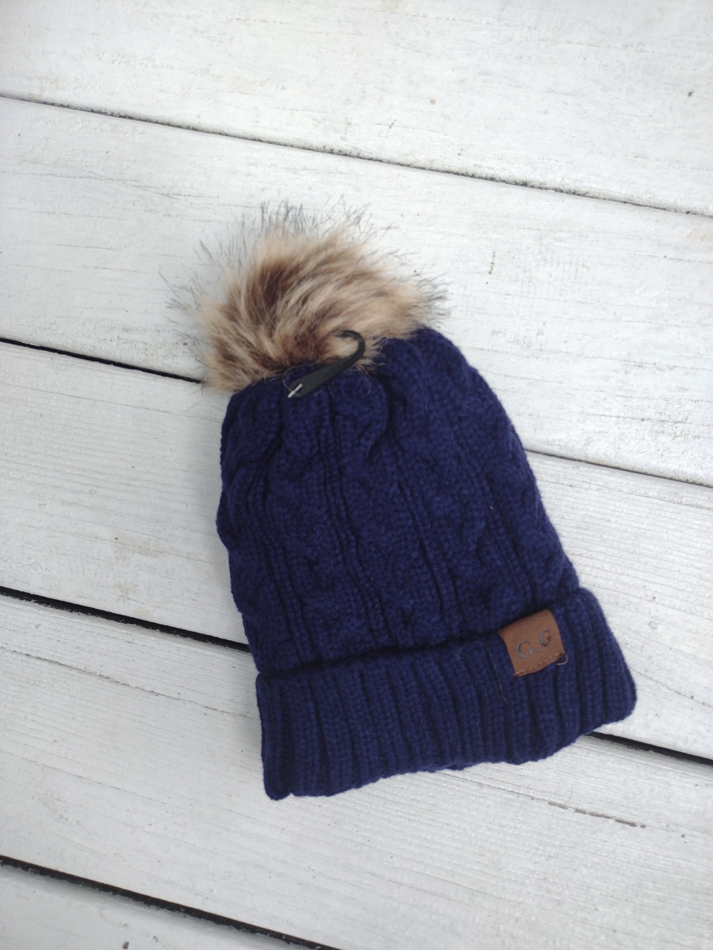 Blue Knit Womens Pom Puff Hat